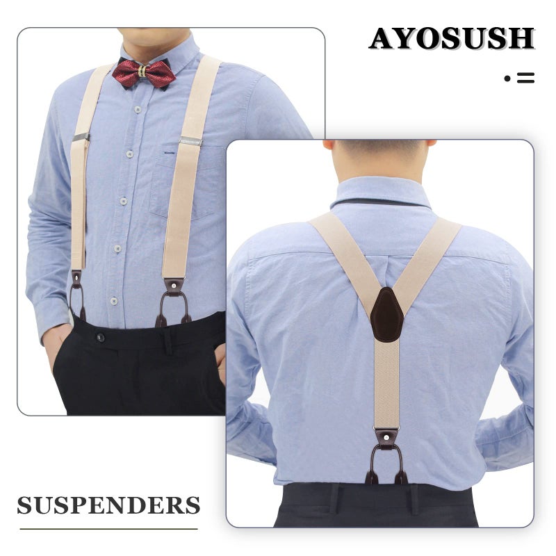 AYOSUSH Mens Suspenders Button End Heavy Duty Beige Y Back Business Wedding Gift - Image 5